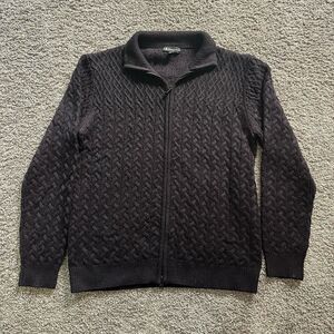 VTG Neiman Marcus Full Zip Sweater Wool Cable Knit Fisherman Chunky Black Large